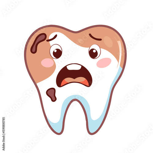 Caries tooth with sad facial expression. Unhealthy dentition, dental problem, stomatology concept. Cartoon vector icon for dentistry
