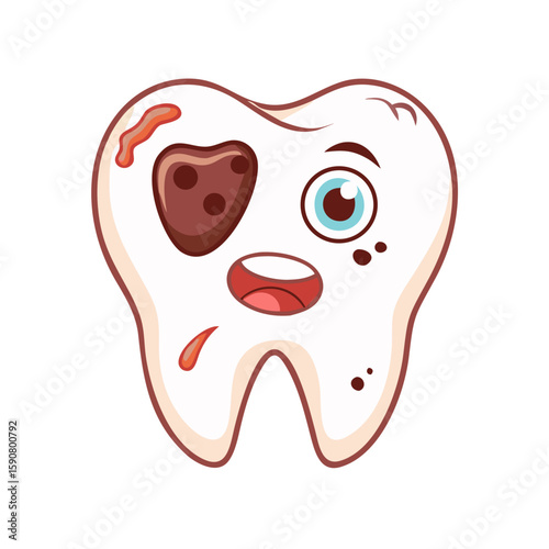 Cute cartoon tooth character with crying face and decay hole. Stomatology vector illustration for dental clinic, children book