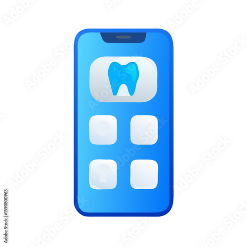 Smartphone showing a tooth icon on its screen, symbolizing a dental app or online dentistry service. Stomatology concept vector illustration design.
