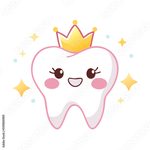 Happy kawaii little tooth with golden crown and sparkling glitter. Pediatric dentistry concept. Hygienic care illustration for kid. Cute princess molar vector icon