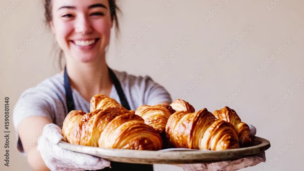 Woman holding tray of delicious pastries, bakery concept