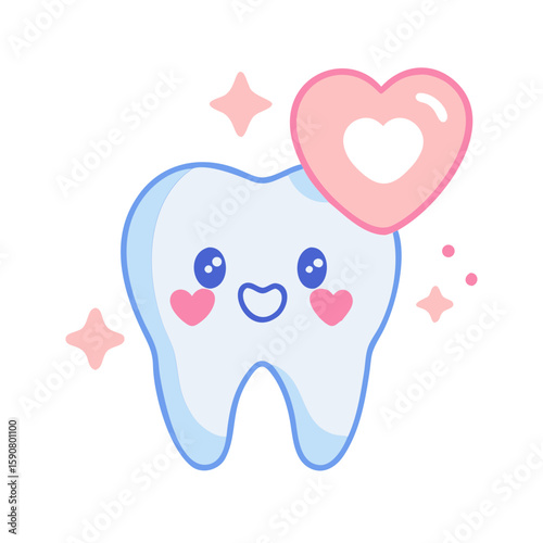Сute cartoon tooth character with happy face and pink heart for stomatology. Pediatric dentistry and oral hygiene concept. Vector icon