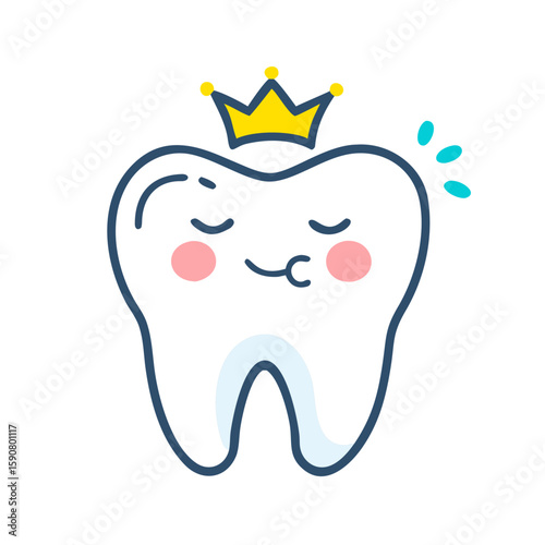 Cute happy tooth wearing golden crown. Dentistry and dental care concept. Stomatology vector icon for poster, banner, print, website, flyer
