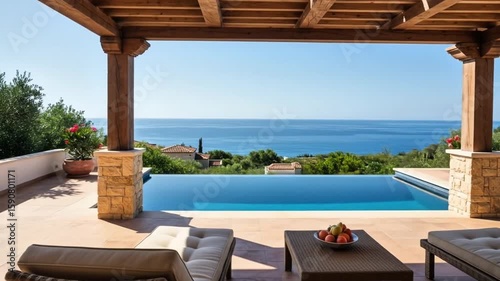 Luxurious villa infinity pool with ocean view in Greece during summer day