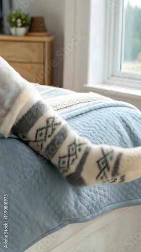 Woman Relaxing in Bed: A woman rests peacefully in bed, her arm draped over the duvet, showcasing a cozy and relaxing atmosphere. The soft light from the window hints at a tranquil morning.