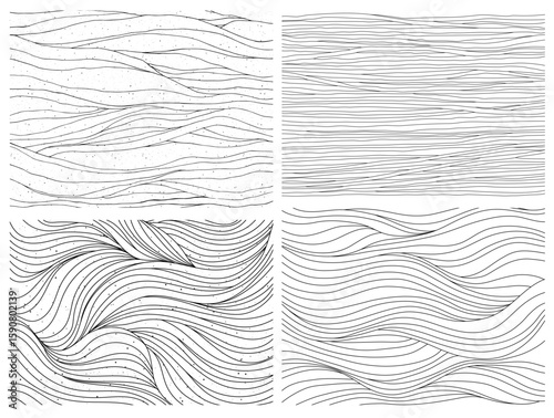 Wavy curly hair pattern, animal fur, natural texture, black and white abstract background set