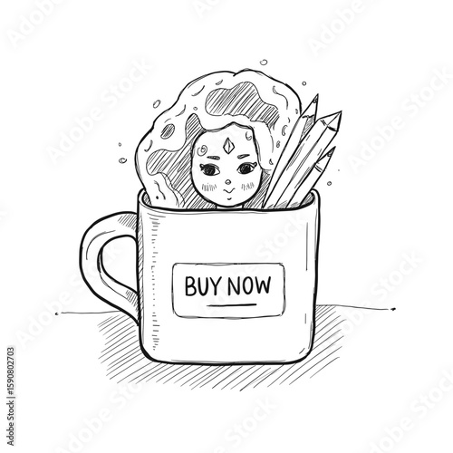 Sketch of a cup with cookie and pencils labeled 'Buy Now'  