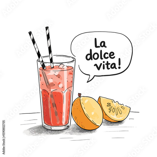 Refreshing fruit cocktail with straw and lemon on white background  