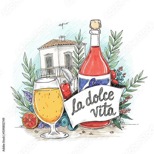 Colorful illustration of soda bottle with glass and fruits, summer vibe  