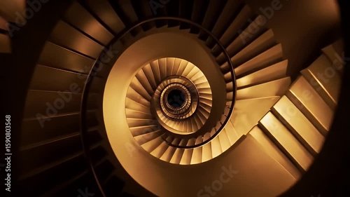Dramatic Low Angle View of Spiral Staircase With Warm Yellow Lighting and Circular Stairs Architecture Design