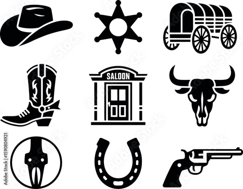 Collection of wild west icons featuring cowboy hat sheriff star wagon boot saloon bull skull horseshoe and revolver silhouette