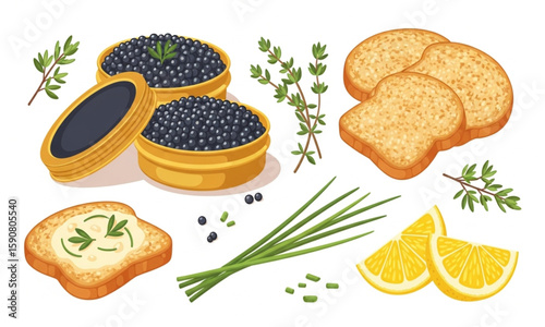 Black Caviar with Toast, Lemon and Herbs | Gourmet Seafood Delicacy for Fine Dining, Culinary Arts, and Luxury Food Marketing