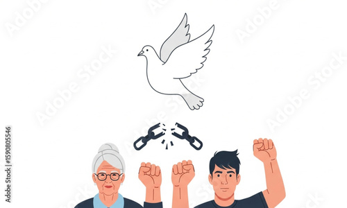 Peace and Freedom Illustration | Dove, Broken Chains, Diverse People Raising Fists for Human Rights and Social Justice