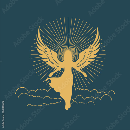 Fantasy woman angel soars in the air with huge bird wings. Girl in levitation flies. Lady goddess in dress, fabric waving fluttering in motion. Goddess girl descends from the sky