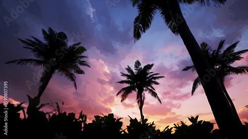 Dramatic Sunset with Silhouetted Palm Trees in the Tropics Skies Transitioning from Blue to Orange and Pink for Adobe