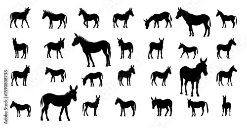 Donkey silhouette vector collection with multiple poses in standing and walking styles