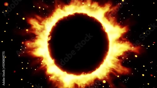 Dynamic Fiery Ring of Orange and Yellow Flames with Floating Embers against Dark Backdrop