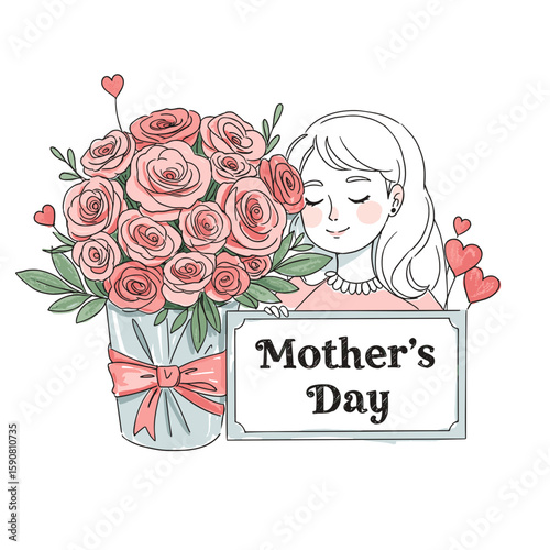 Girl holding Mother's Day sign next to bouquet of pink roses  