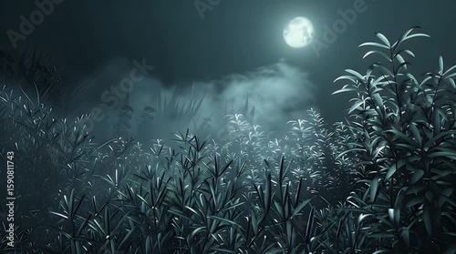 A Serene Nocturnal Garden Featuring Silhouetted Plants Softly Illuminated By A Bright Clear