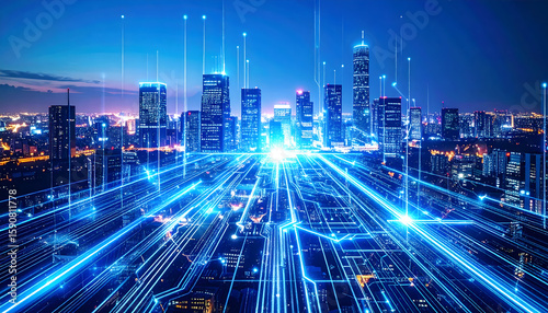 Futuristic Cityscape at Night Glowing with Digital Network Connections