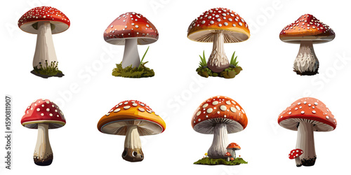Multiple vector illustrations of delicately drawn mushrooms

