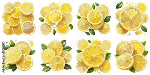Multiple vector illustrations of delicately drawn sliced lemons with leaves

