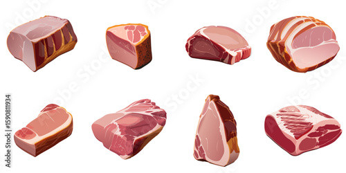 Multiple vector illustrations of delicately drawn raw pork

