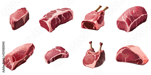 Multiple vector illustrations of delicately drawn raw lamb

