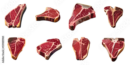 Multiple vector illustrations of delicately drawn raw bone-in beef

