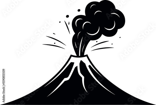 Volcano erupting with smoke and ash in a striking black and white silhouette style