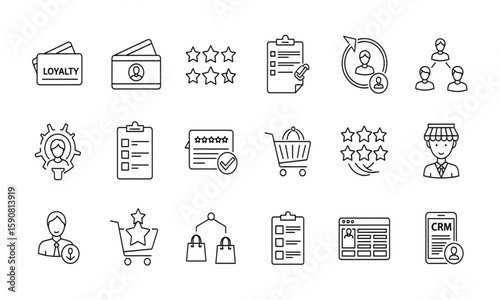 Customer Relationship Management CRM Vector Icon Set | Loyalty Program, Customer List, Sales, Support and Marketing