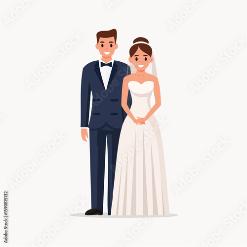 Minimalist vector illustration of wedding couple, groom in black suit and bride in off-shoulder gown, both standing with gentle expressions, white background
