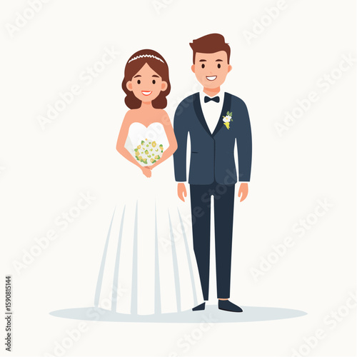 Minimalist vector illustration of wedding couple, groom in black suit and bride in off-shoulder gown, both standing with gentle expressions, white background