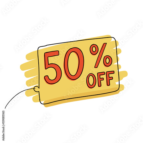 Discount tag with 50 percent off offer on yellow background  