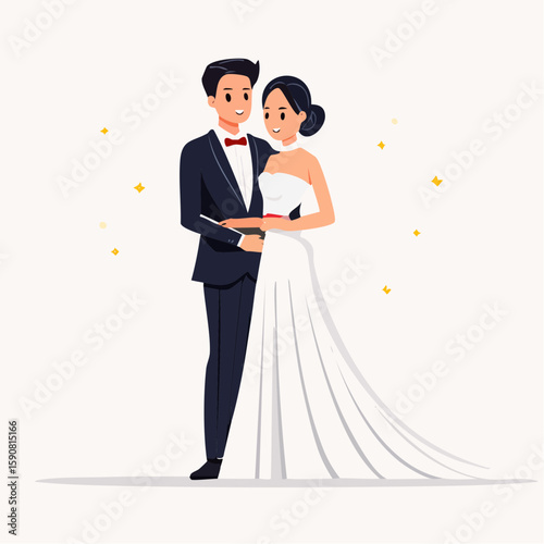 Minimalist vector illustration of wedding couple, groom in black suit and bride in off-shoulder gown, both standing with gentle expressions, white background