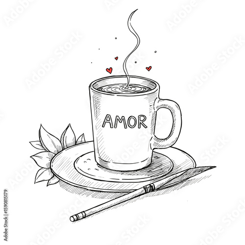 Sketch of coffee cup labeled "Amor" with steam and hearts  