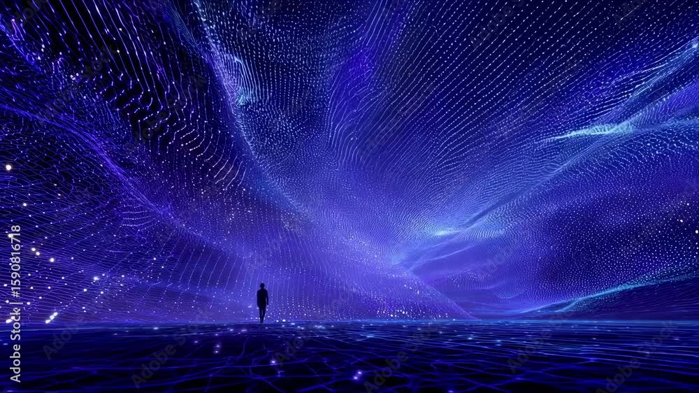 A lone figure stands in the center of a vast threedimensional digital vortex illuminated by cascading lines of blue and purple light. The scene gives an impression of traveling deeper