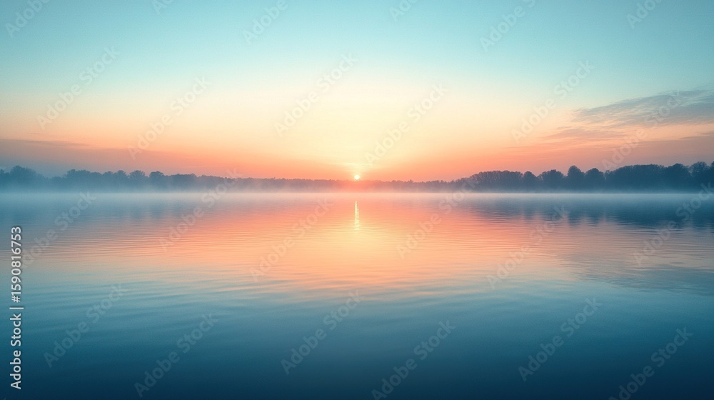 Fototapeta premium Serene sunrise over misty lake; peaceful dawn