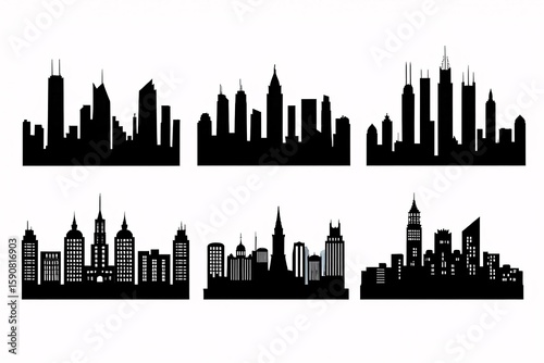 Six Monochrome City Skyline Illustrations: Modern, Minimalist, Urban Design Elements