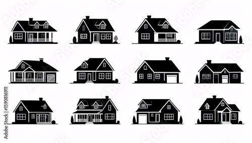 Collection of Black and White House Silhouettes: Simple, Modern Home Icons for Real Estate, Architecture, and Design Projects.