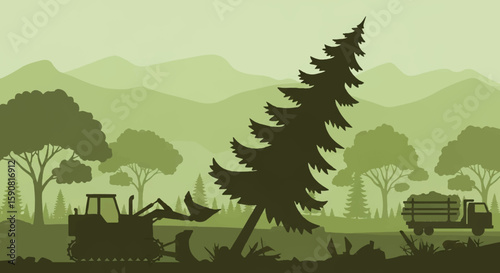 Monochromatic Green Vector Illustration of Deforestation Scene with Heavy Machinery, Fallen Tree, and Mountain Layers