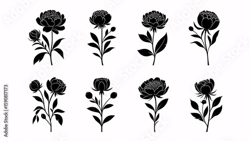 Elegant Black Silhouette Peony Flower Set: Botanical Illustrations for Design Projects