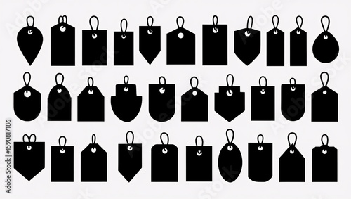 Collection of Black Price Tags:  Various Shapes, Minimalist Style, Retail Branding.