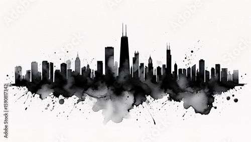 Chicago Skyline: Dramatic Black Ink Watercolor Cityscape Illustration