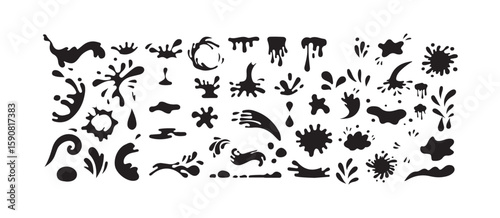 Splash silhouette with droplets. Water drops shapes, liquid burst splashes and ink blot hand drawn, vector illustration eps 10.