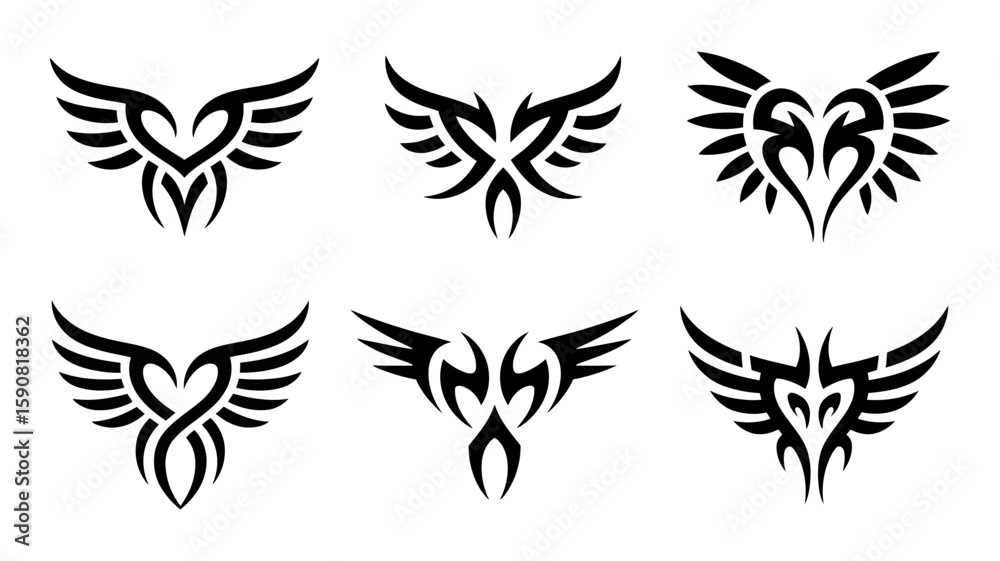 Fototapeta premium Collection of six tribal wing designs isolated on white background