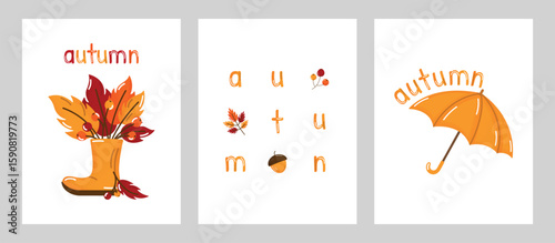 Set of autumn postcards with umbrella, rubber boot, leaves and “autumn” lettering. Seasonal banner, vector background illustration