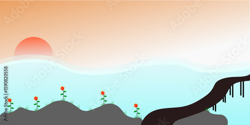 Mountain river landscape panoramic spring summer beautiful nature, meadow green hills with forest, blue lake, rock, tress, and mountains on horizon background.