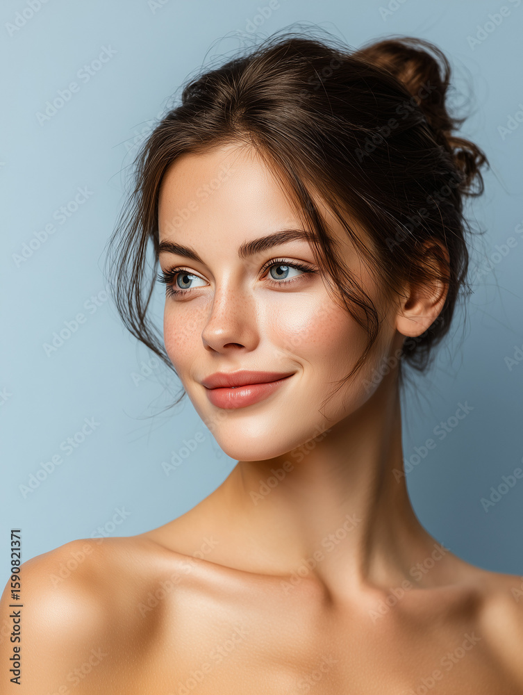 Fototapeta premium Beautiful young woman. Portrait of beauty skincare model with natural make up, isolated on a blue background