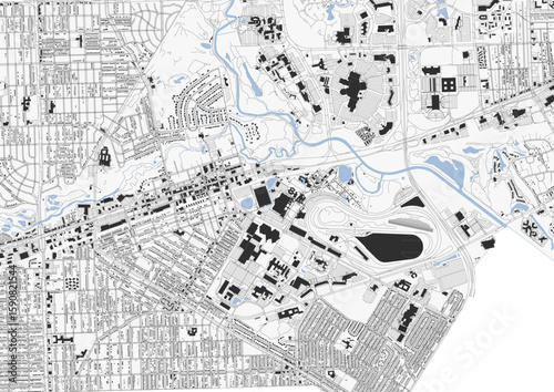 Vector map of Dearborn, MI, showing key infrastructure: detailed building footprints (incl. industrial), major highways, and the prominent Rouge River system.